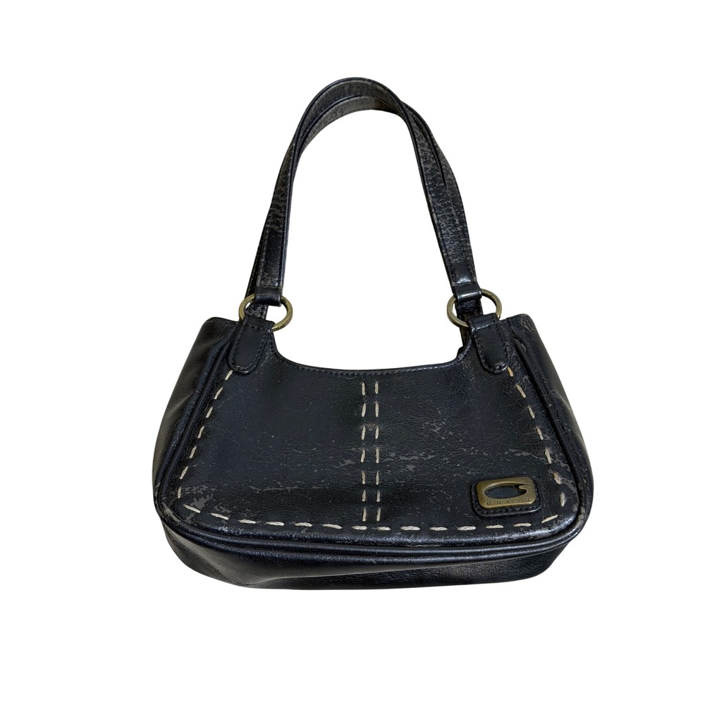 Guess Vintage Black Faux Leather Whipstitch Shoulder Bag Y2K Distressed Hobo